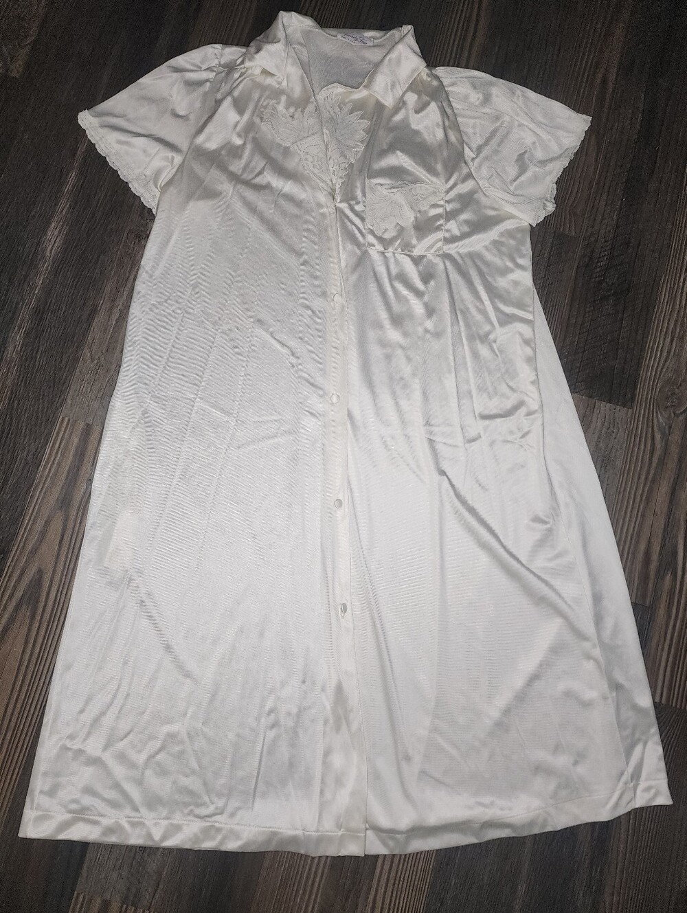 Vintage Vanity Fair Bathrobe Large White Satin Button Front Lace Trim Thin